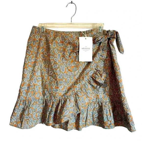 NWT Sezane Paisley Mini Wrap Skirt Brown Blue Ruffle Hem Size US 10 Academia - Picture 1 of 7